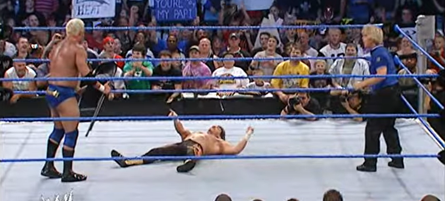 Eddie Guerrero re-enacts his famous feign chair attack spot.