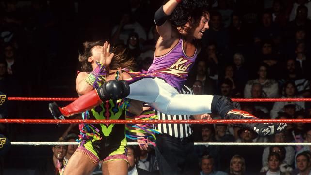 The Kid delivers a diving karate kick to Marty Jannetty.