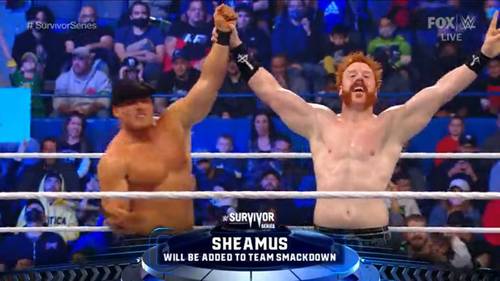 Sheamus's arm is raised after winning by Ridge Holland.