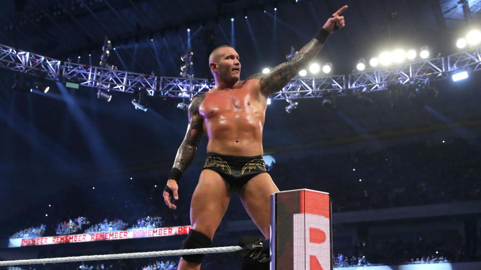 Orton points to the WrestleMania sign after winning the Royal Rumble.