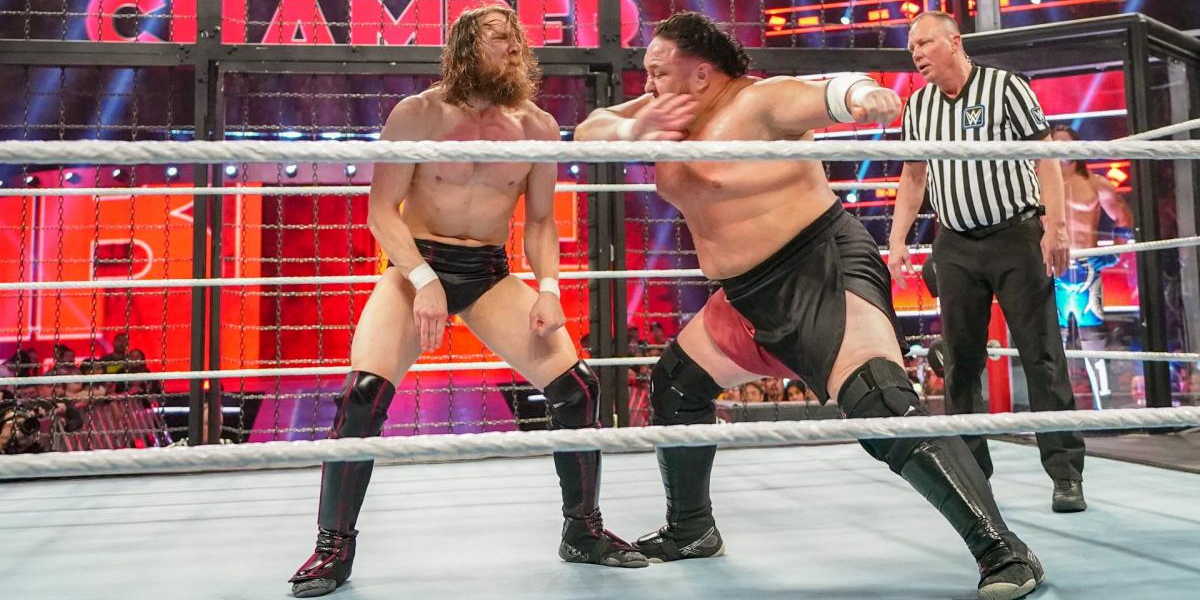 Samoa Joe delivers a debilitating chop to Daniel Bryan.
