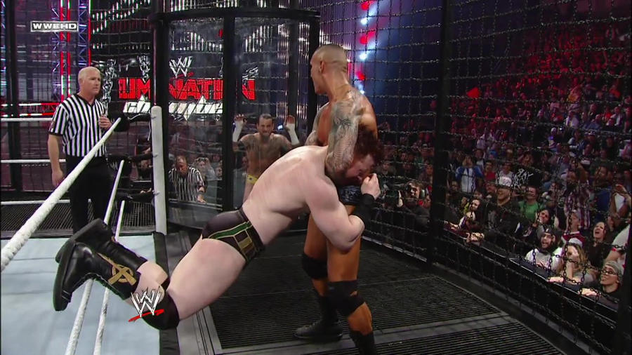 Randy Orton steps up Sheamus for a DDT on the outside.