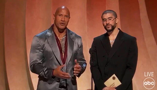The collaboration of The Rock and Bad Bunny as they jointly present an award at the Oscars