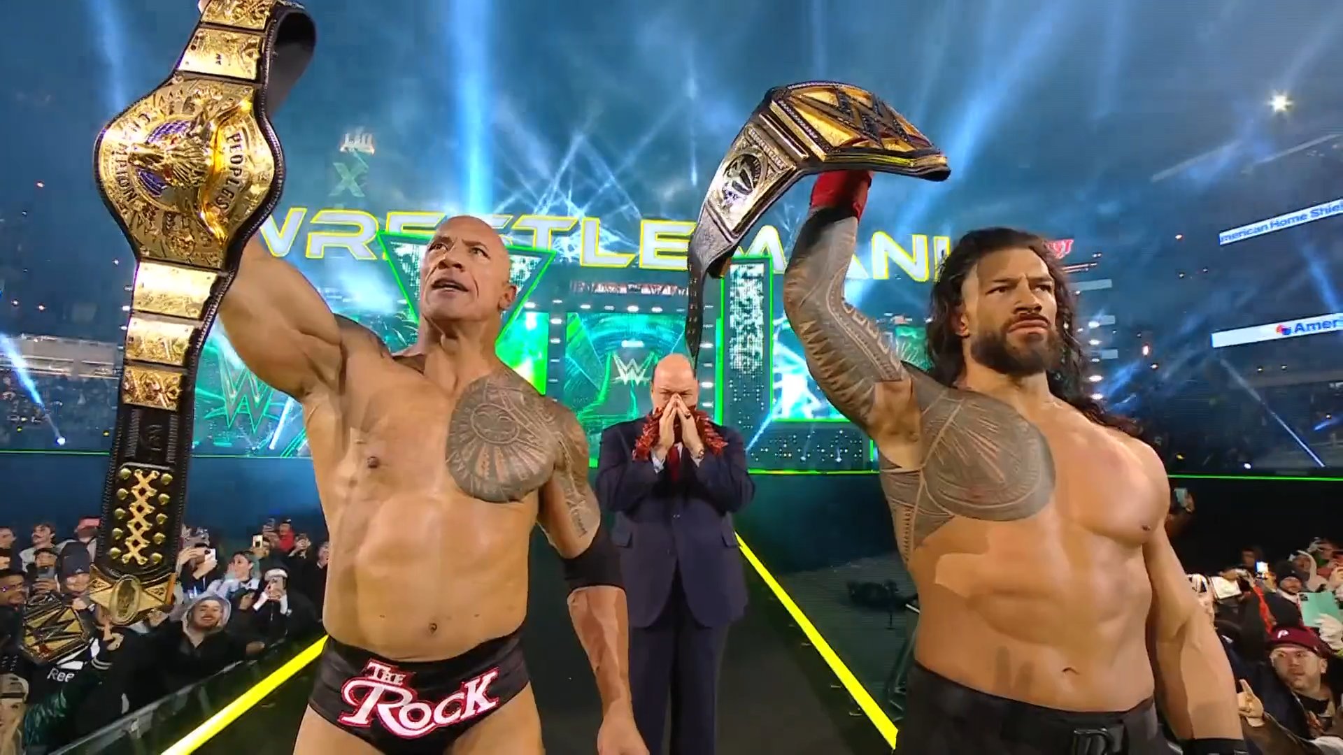 The Rock and Roman Reigns emerge victorious against Cody Rhodes and Seth Rollins in WrestleMania 40.